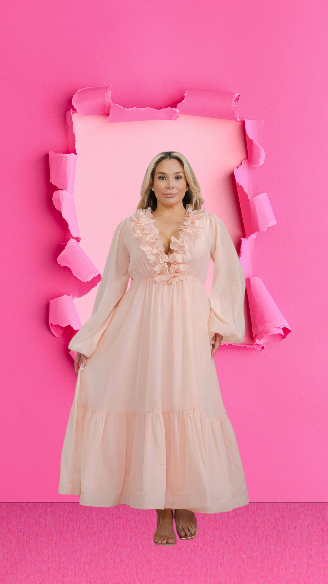 Kymberly Size Long Sleeve V-Neck Ruffle Open Back Tie Maxi Dress