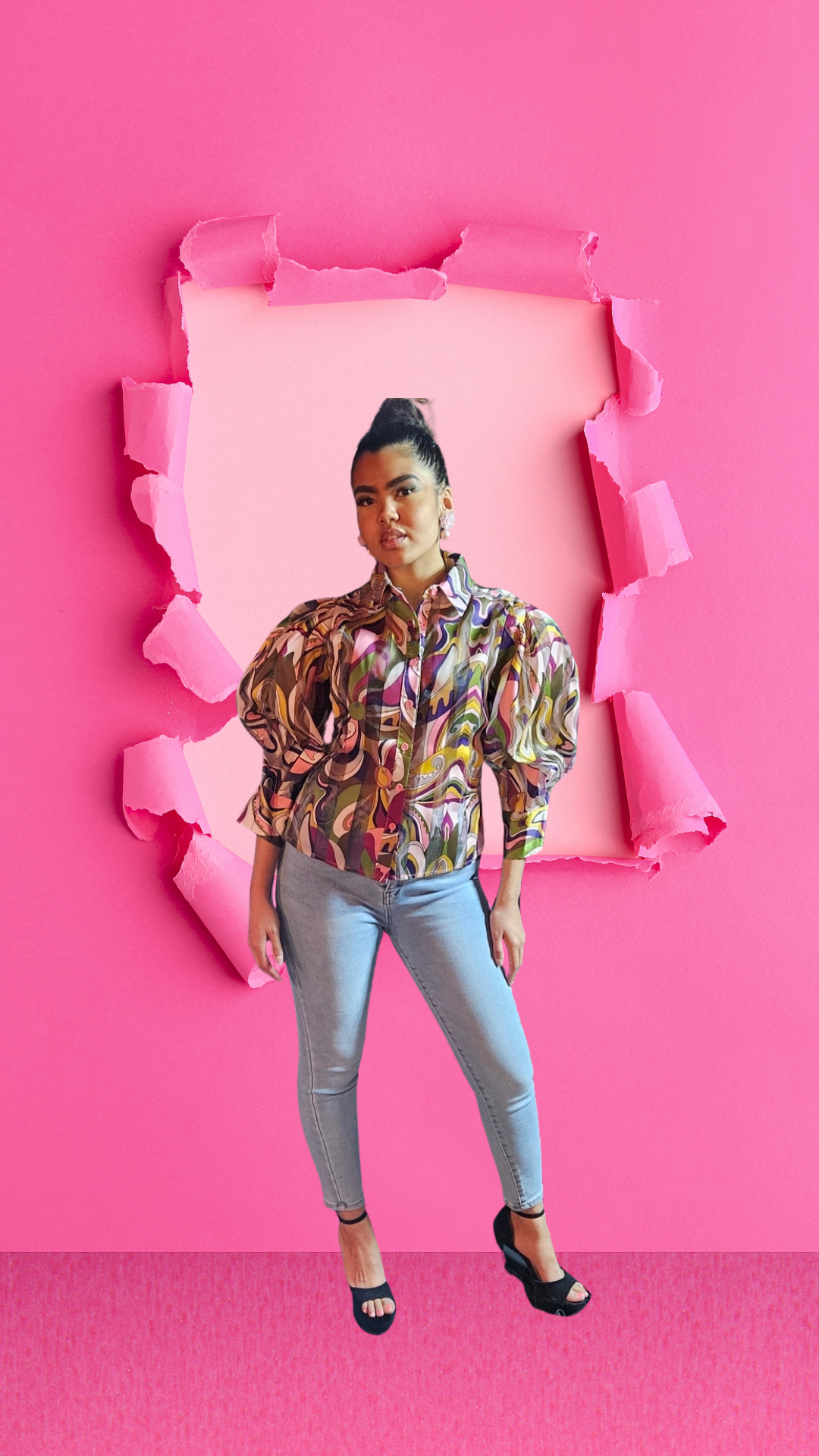 Diana Puff Sleeve Button Closure Multi Print Blouse
