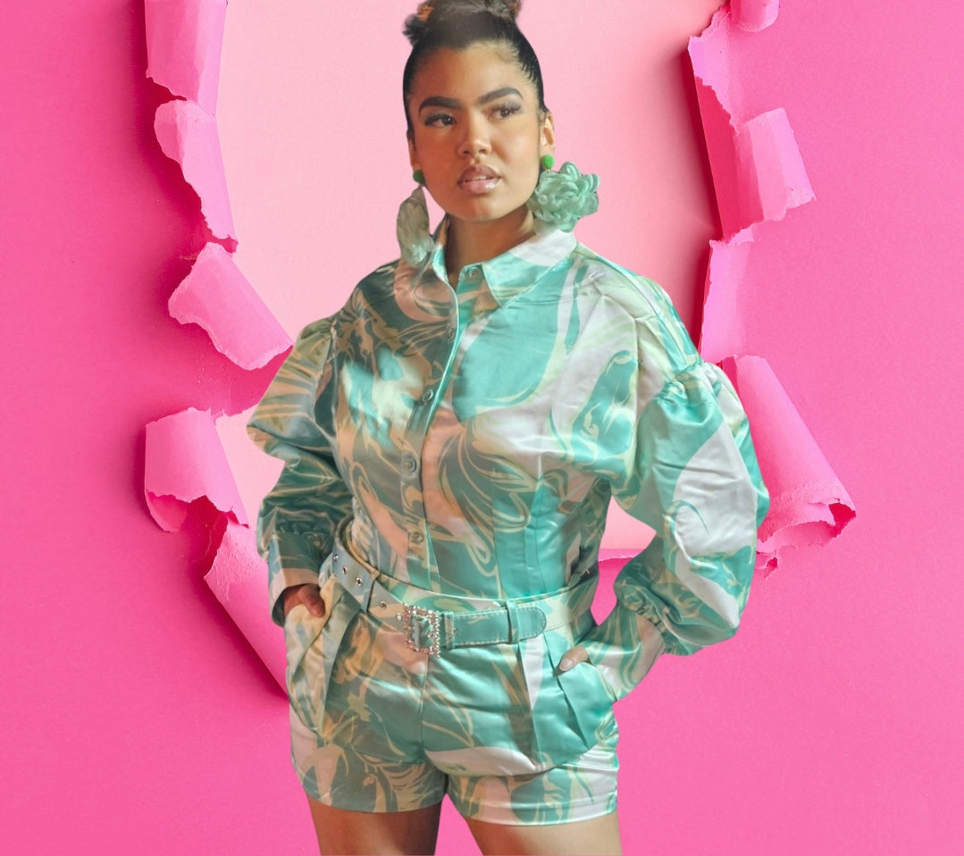 Cassie Long Sleeve Top & Belted Shorts Color block 2pc. Set