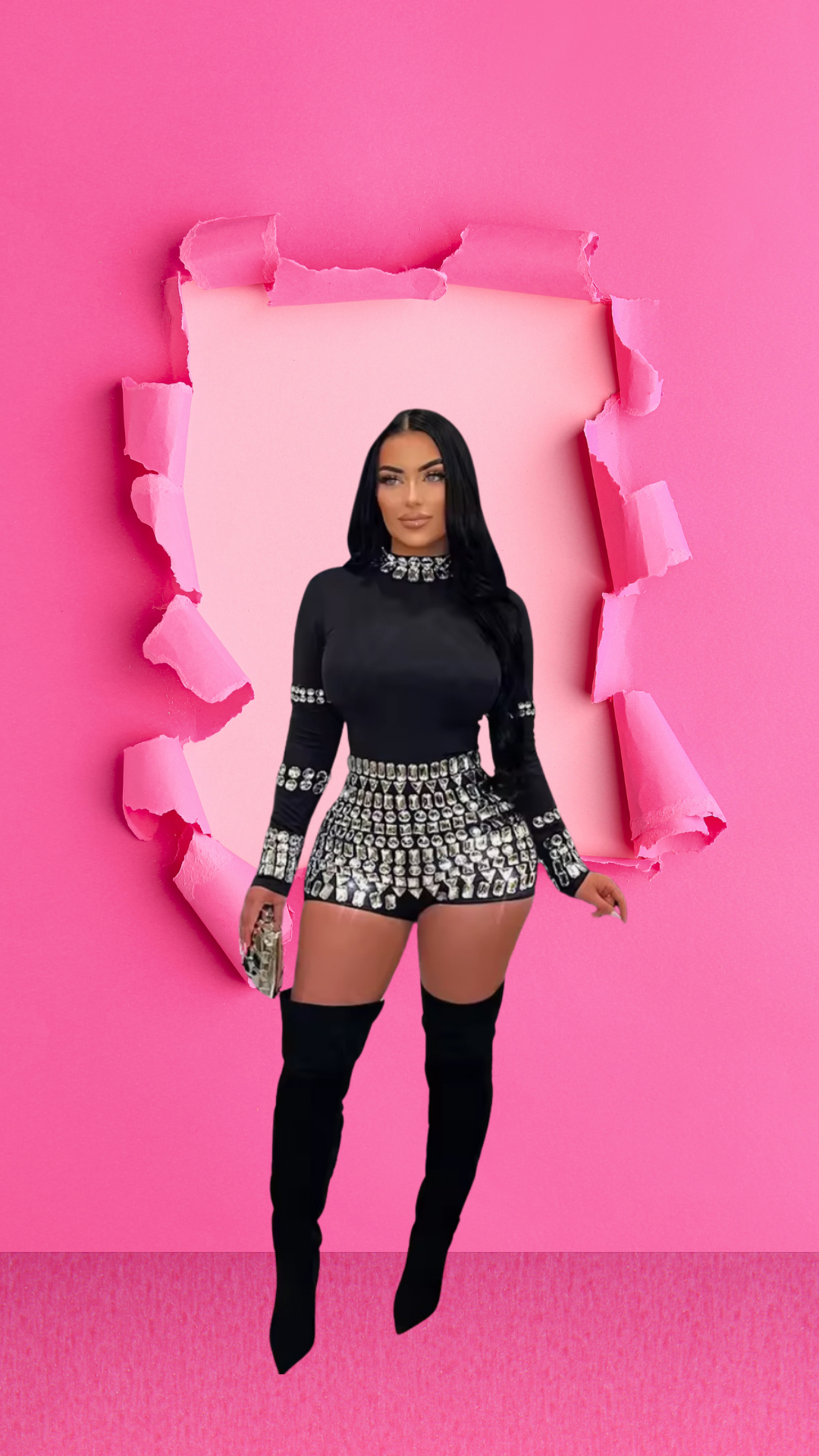 Diamonds Hot Rhinstone long sleeve short Jumpsuit