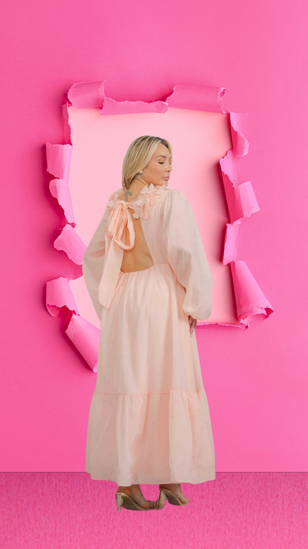 Kymberly Size Long Sleeve V-Neck Ruffle Open Back Tie Maxi Dress