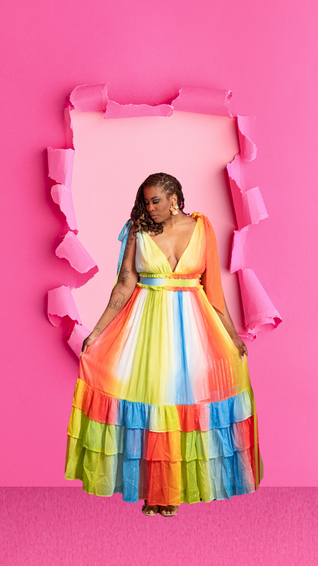 Lanora V-Neck Ruffle Tiered Color block Maxi Dress