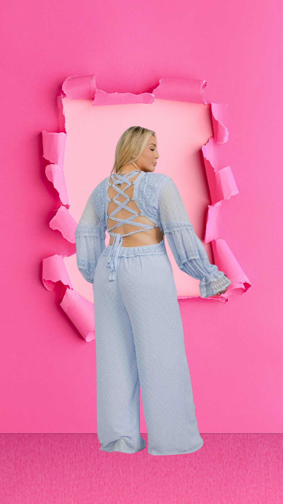 Yolanda Long Sleeve V-Neck Open Back Swiss Dot Wide Leg Jumpsuit
