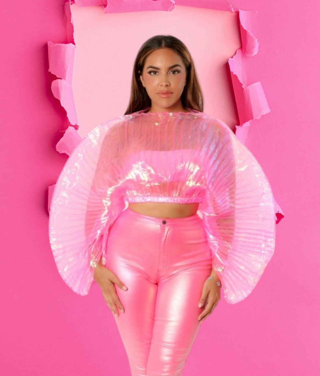 Cameleon Pleated Flare Crop Top With Band Liner
