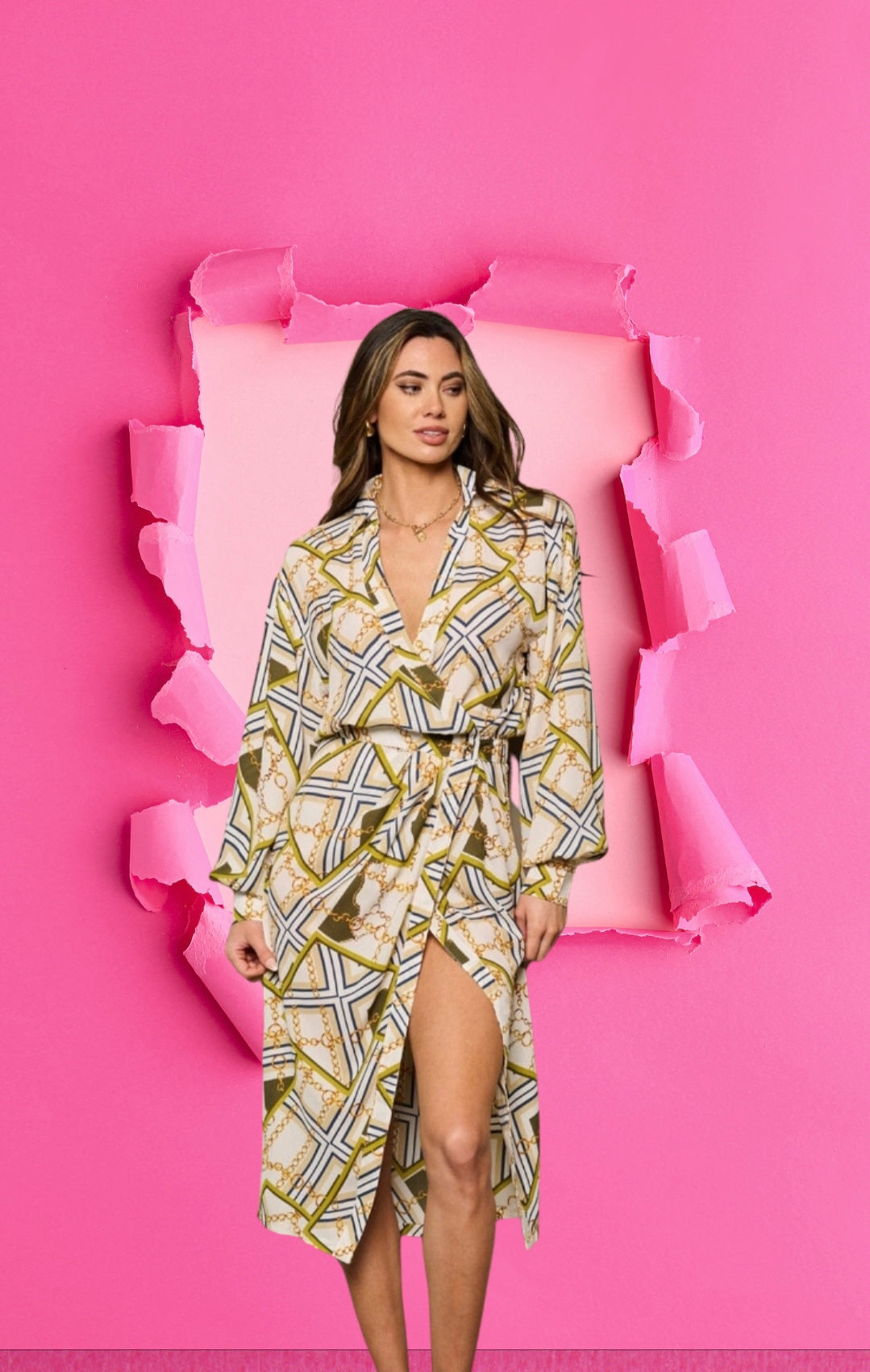 Lindys Long Sleeve Button Closure Multi Print Wrap Midi Dress