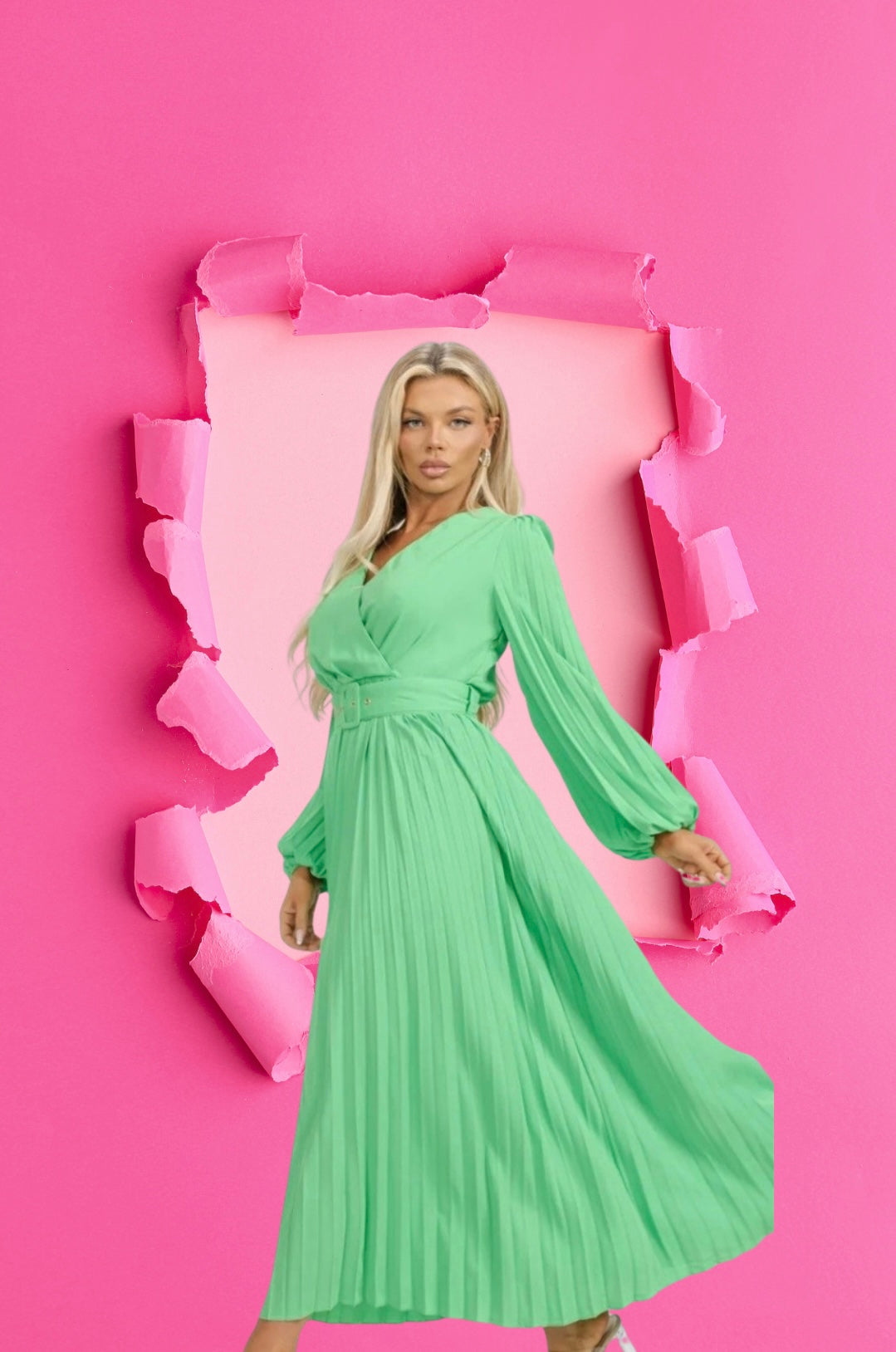 Long Sleeve Open Back Sursplice Belted Pleated Maxi Dress