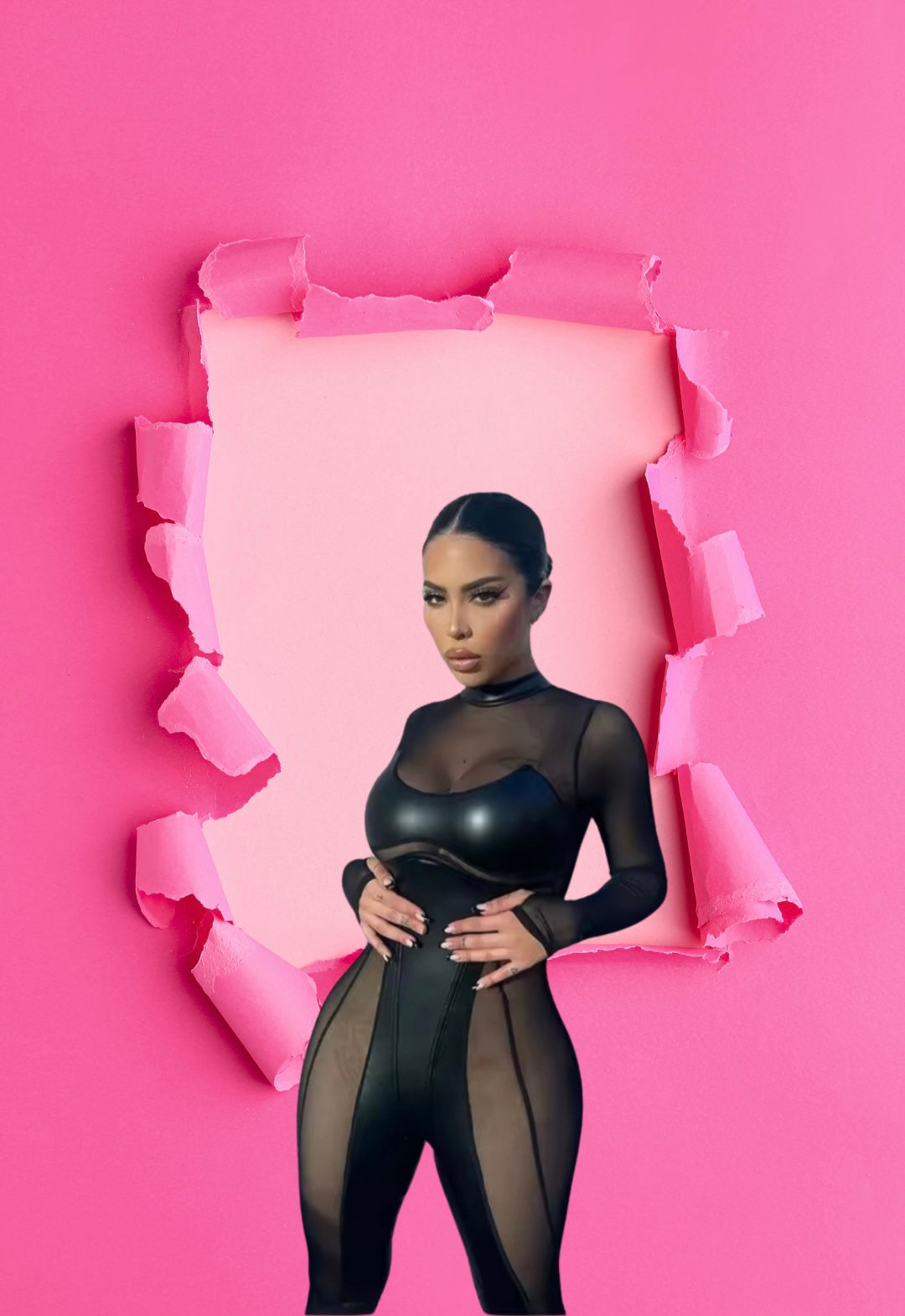 Mesh Round Neck Back Zipper long-sleeved Bodycon Jumpsuit