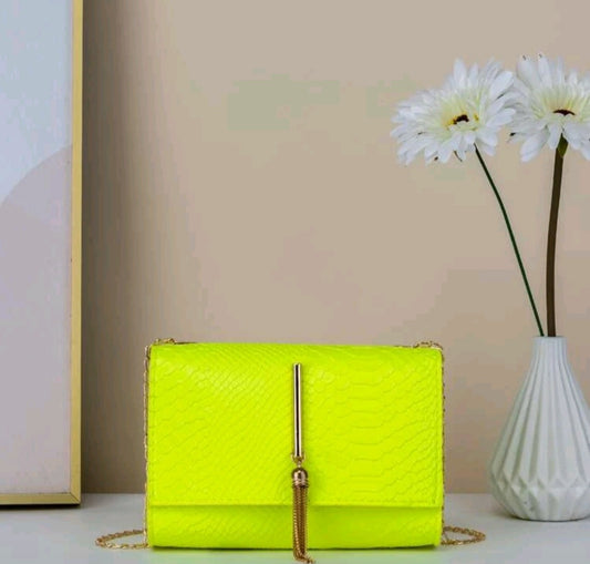 Mini neon lime snakeskin metal tassel square bag