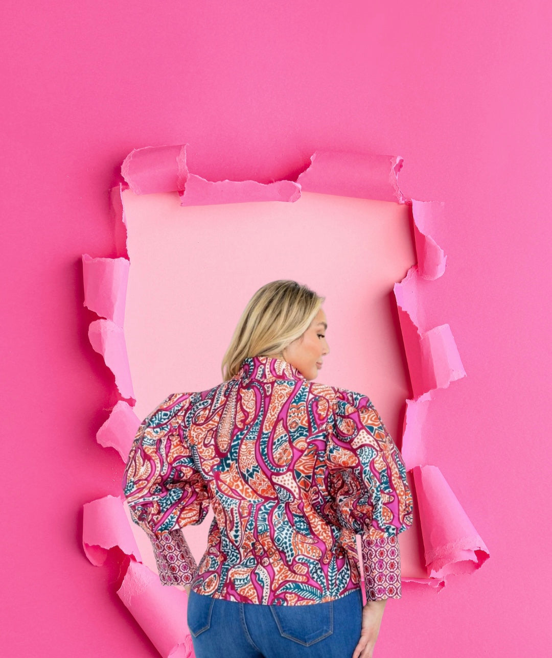 Long Puff sleeve button up  multi print  blouse
