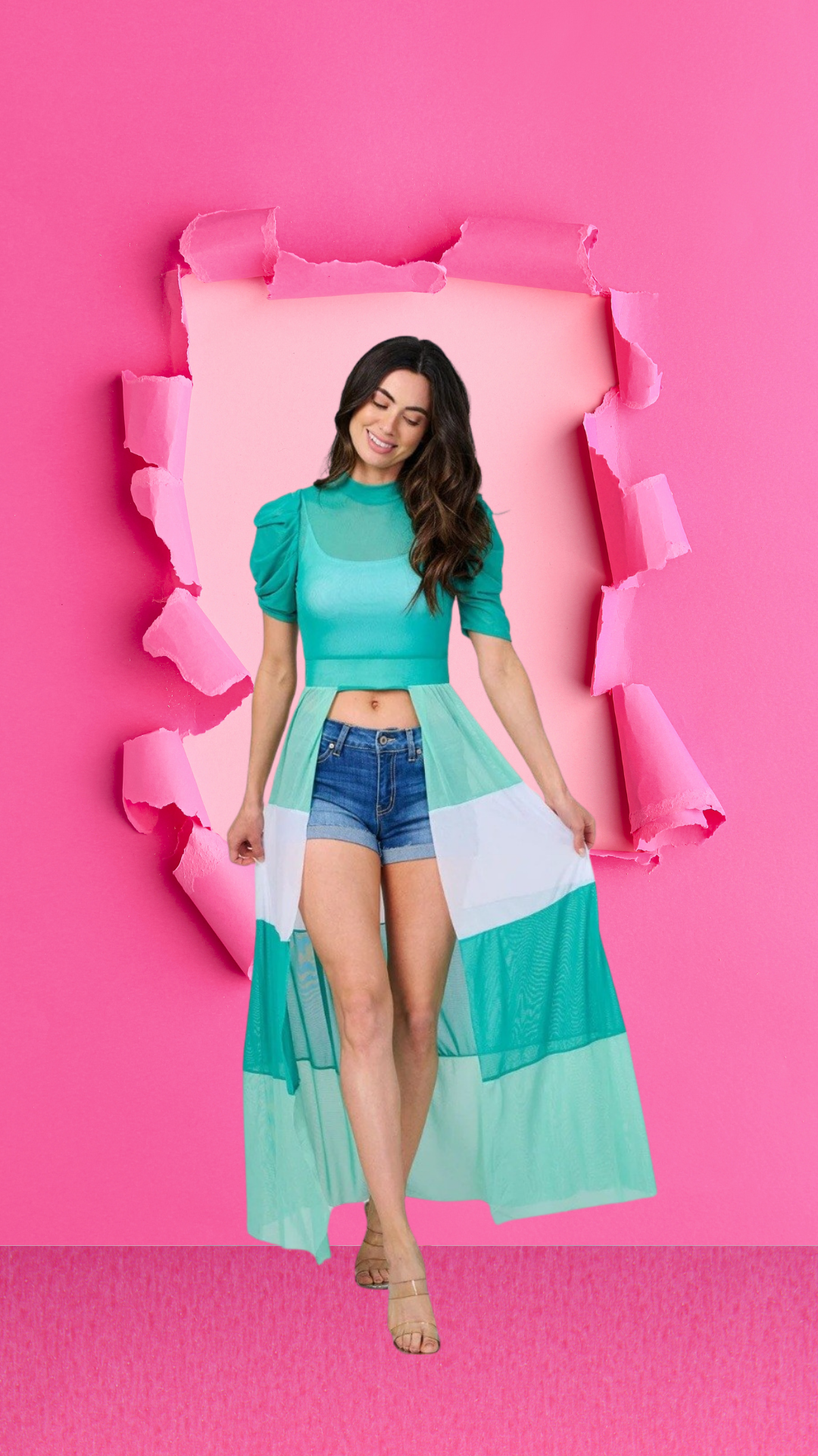 Vivian Short Sleeve Color block High-Low Sheer Top