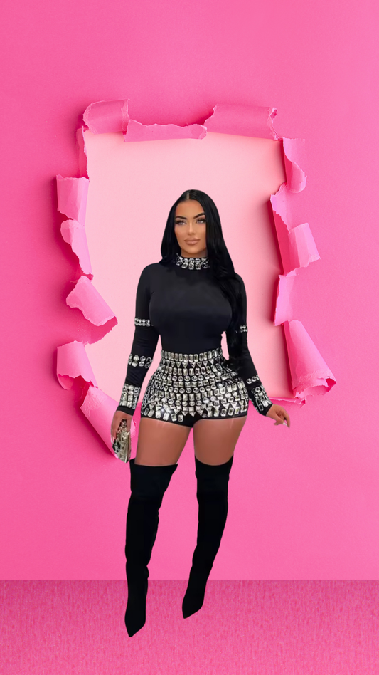Diamonds Hot Rhinstone long sleeve short Jumpsuit