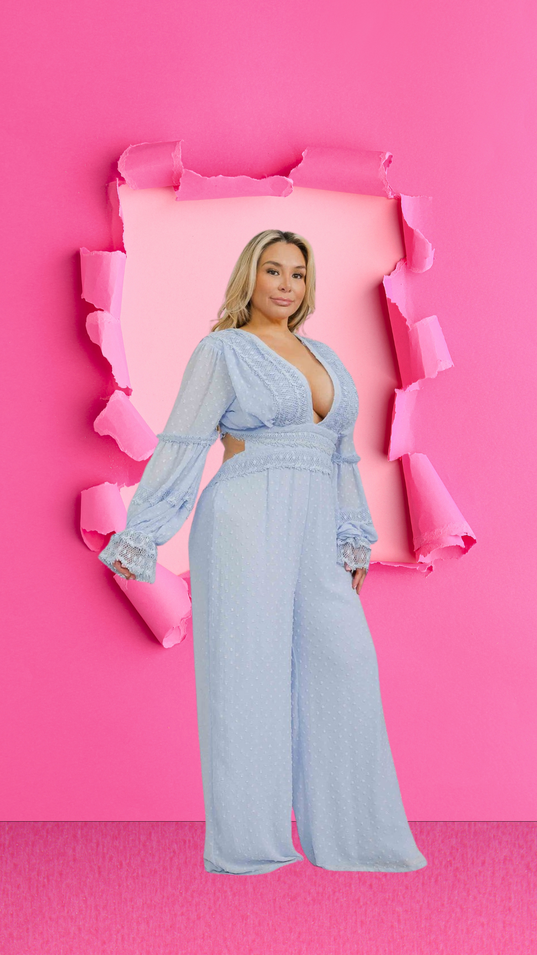 Yolanda Long Sleeve V-Neck Open Back Swiss Dot Wide Leg Jumpsuit