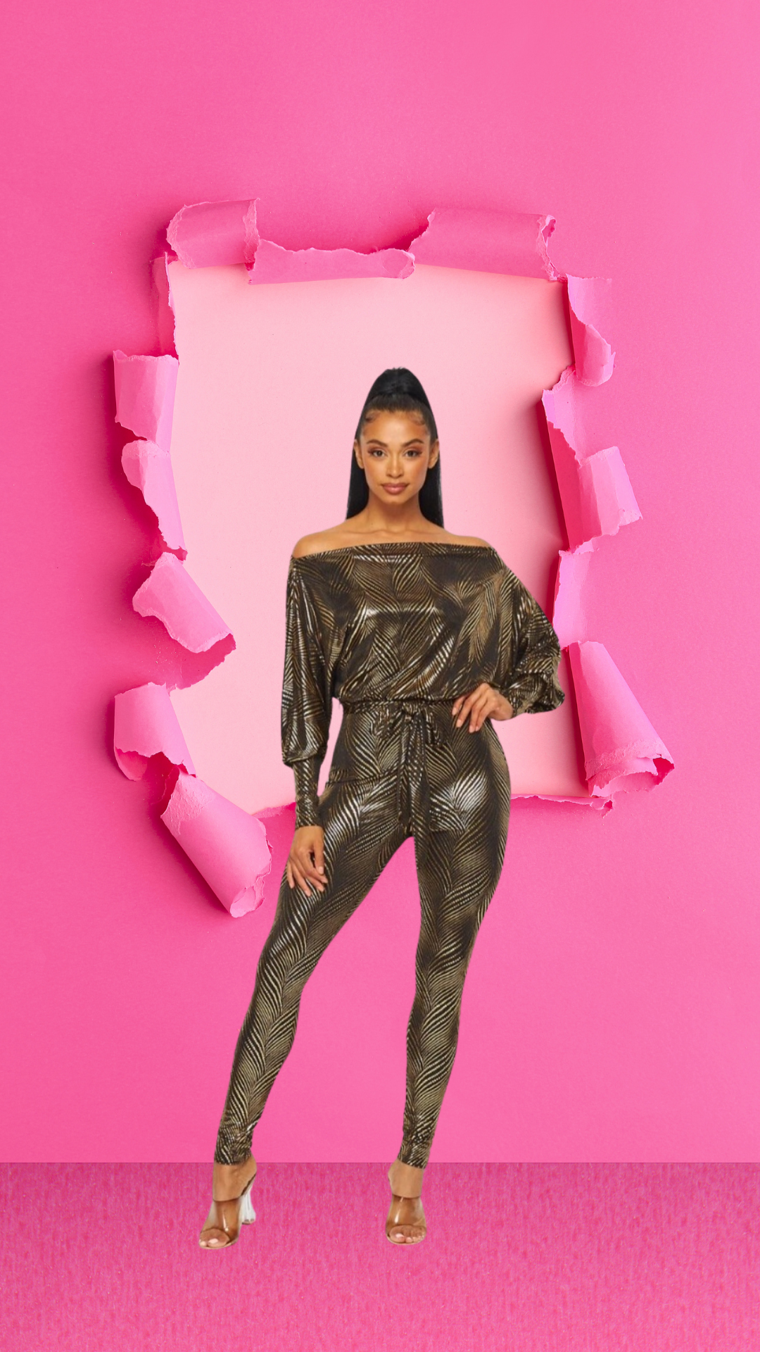 Shanon Off Shoulder Long Sleeve Self Tie Shimmer Skinny Leg Jumpsuit