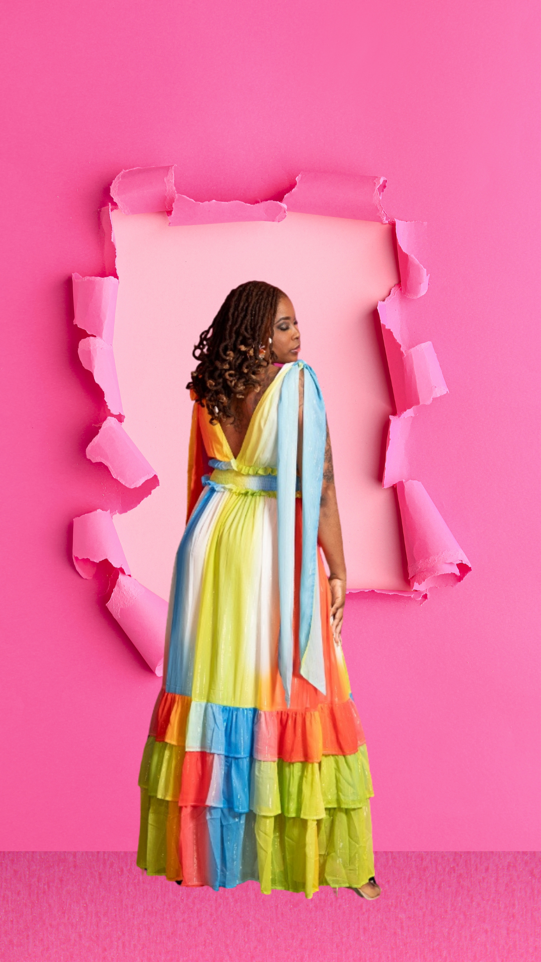 Lanora V-Neck Ruffle Tiered Color block Maxi Dress