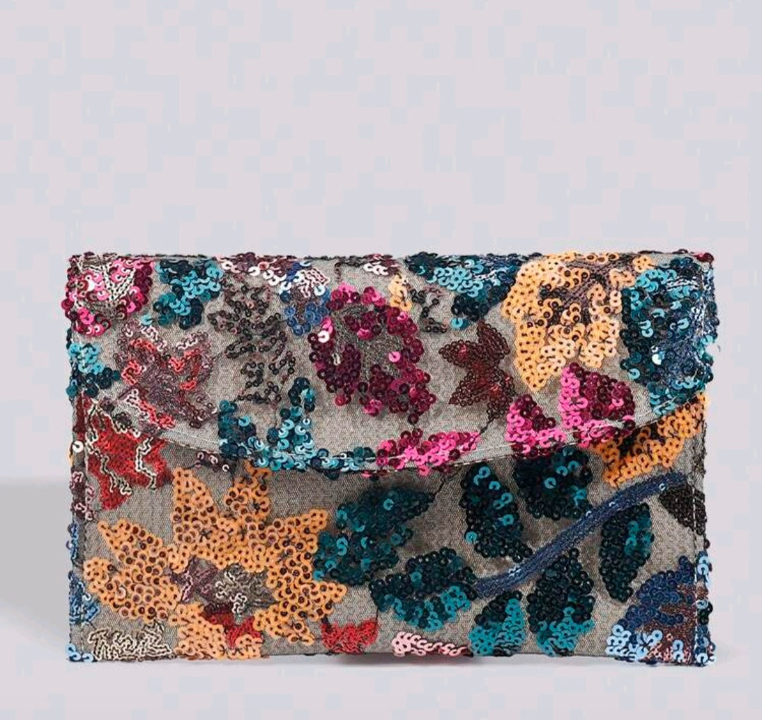 Flower print sequence clutch bag