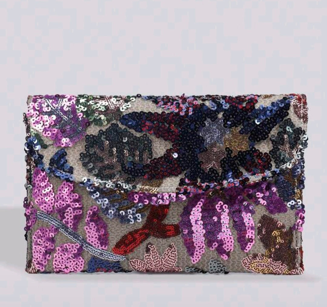 Flower print sequence clutch bag