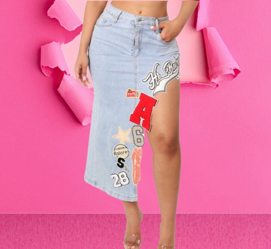 Stretch Washed Denim Midi Skirt With Patch Work