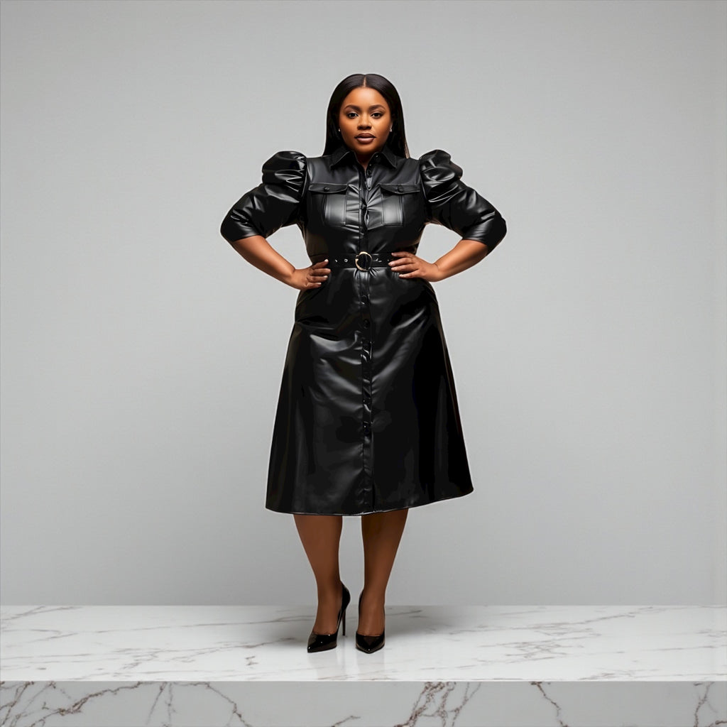Puff Sleeve Faux Leather Dress