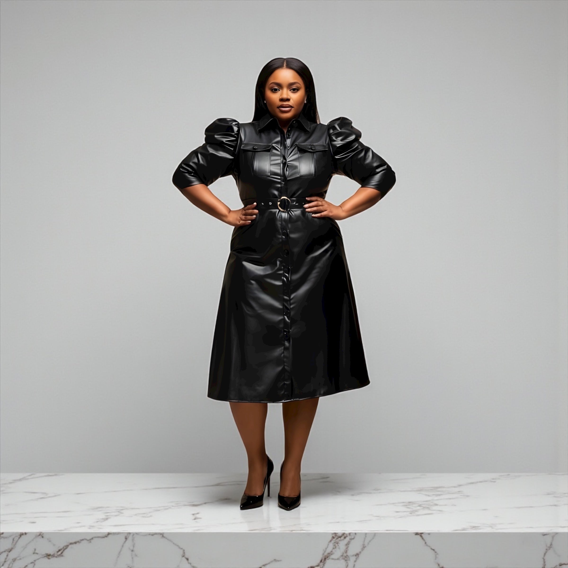 Puff Sleeve Faux Leather Dress